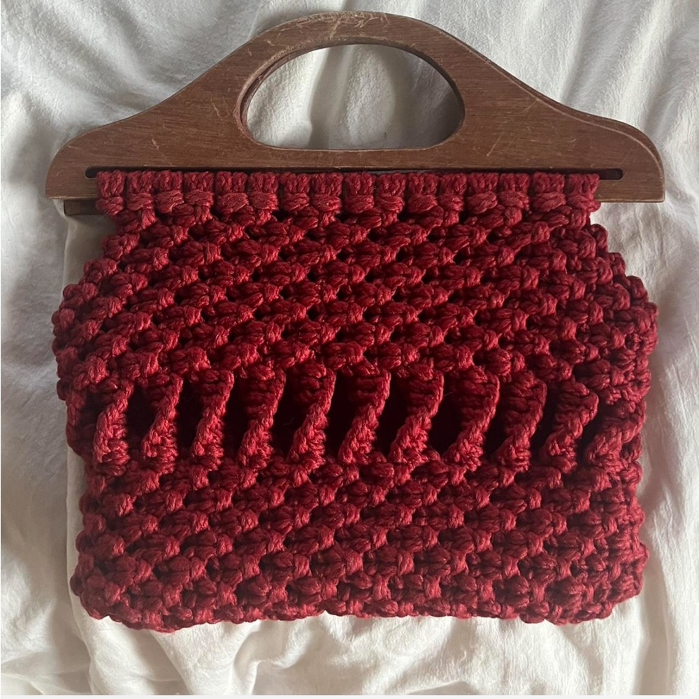 Handcrafted Red Crochet Bag with Wooden Handle